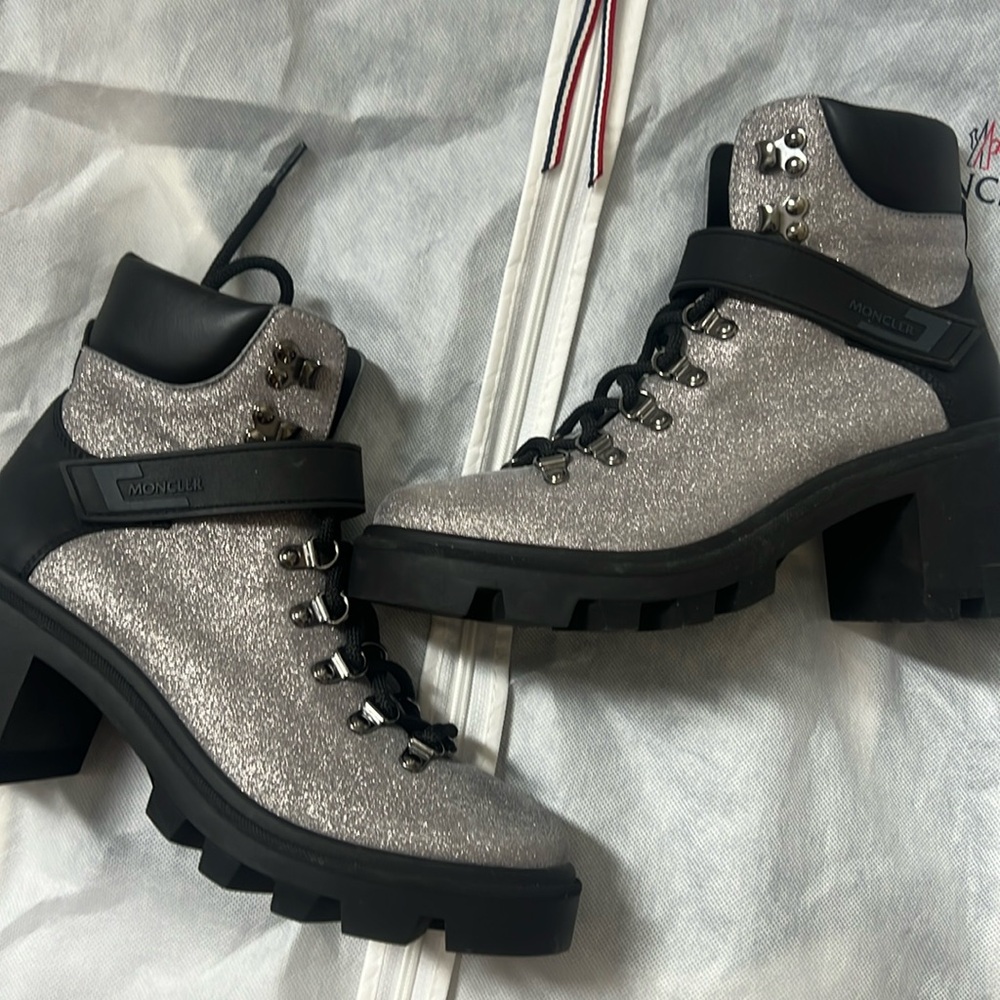 Moncler Boots: Chunky Heel + Metallic Silver